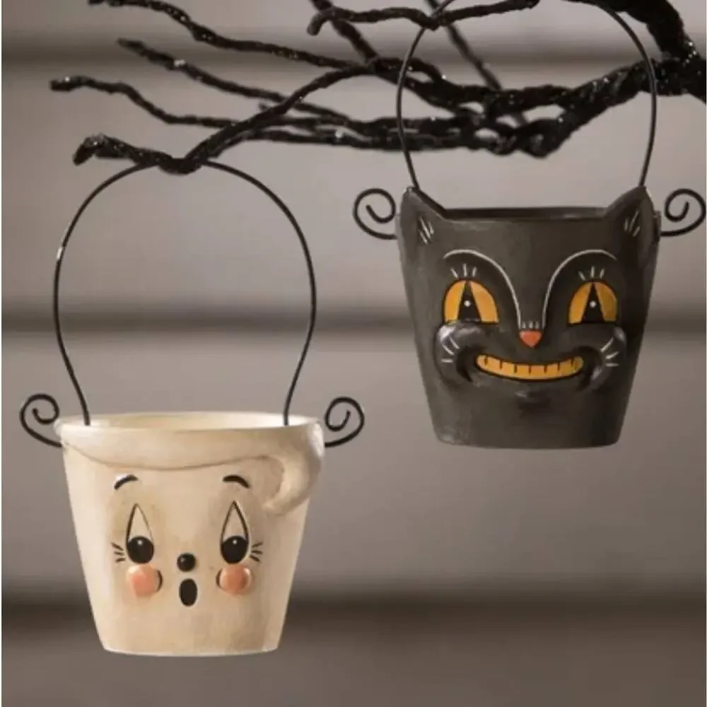 Bethany Lowe Johanna Parker 2 Boo & Cat Teeny Halloweenie Pail Ornaments NEW